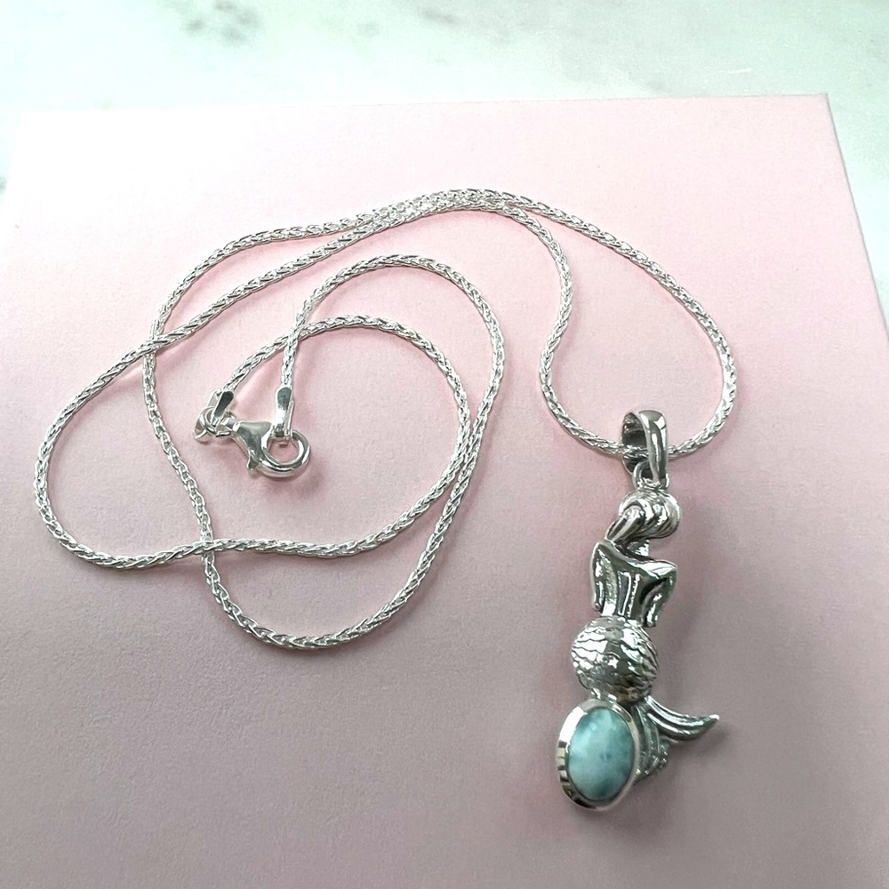 .925 Sterling Silver Natural Larimar Mermaid Silhouette Becklace - Picture 9 of 16